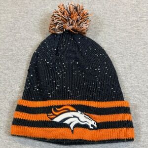 NFL Team Apparel Denver Broncos Beanie Hat Womens OSFM Blue Sequin Pom Pom